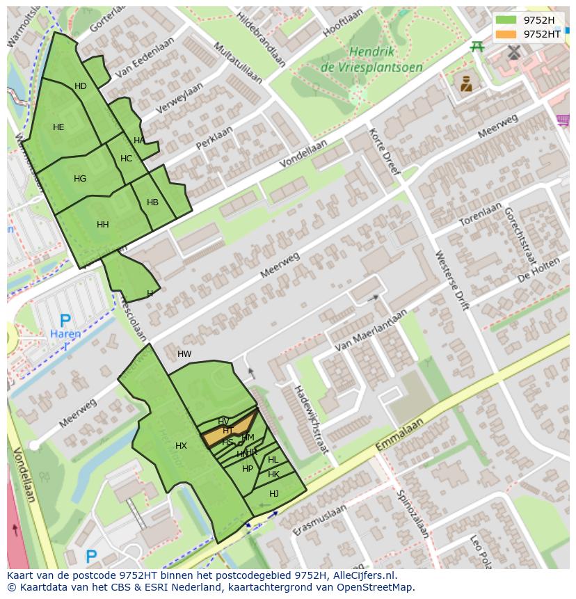 Afbeelding van het postcodegebied 9752 HT op de kaart.