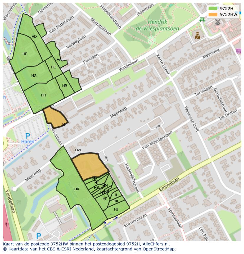 Afbeelding van het postcodegebied 9752 HW op de kaart.