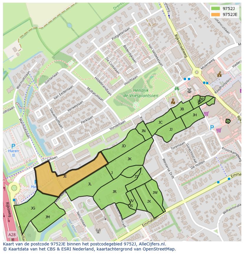 Afbeelding van het postcodegebied 9752 JE op de kaart.