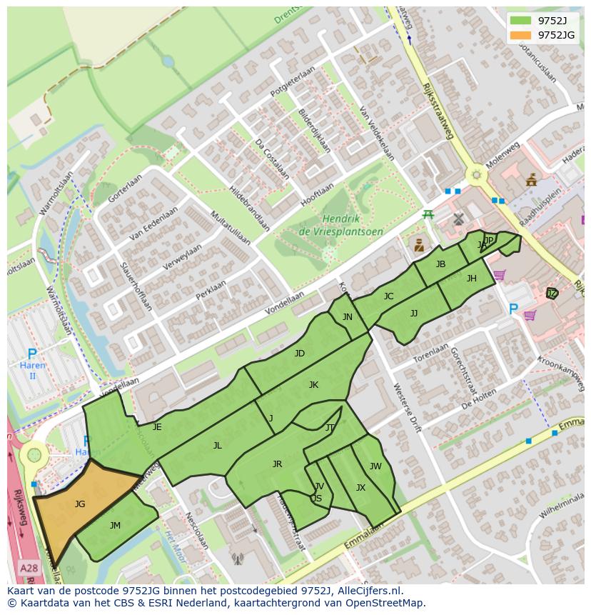 Afbeelding van het postcodegebied 9752 JG op de kaart.