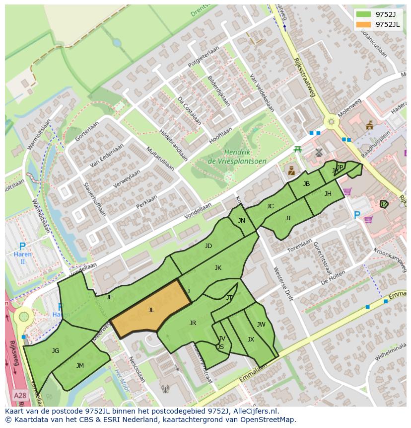 Afbeelding van het postcodegebied 9752 JL op de kaart.