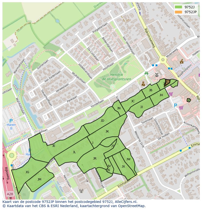 Afbeelding van het postcodegebied 9752 JP op de kaart.