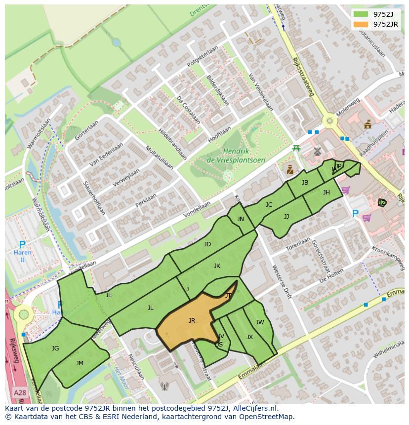 Afbeelding van het postcodegebied 9752 JR op de kaart.