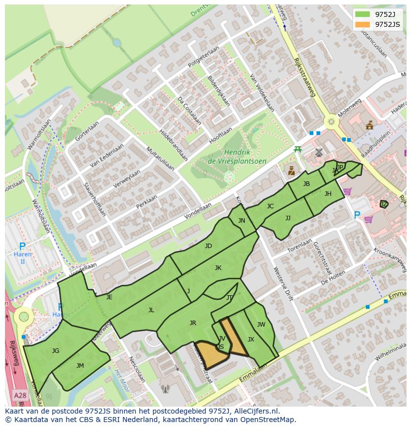 Afbeelding van het postcodegebied 9752 JS op de kaart.