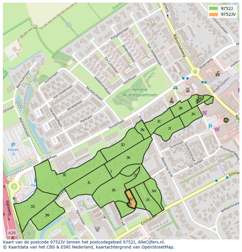 Afbeelding van het postcodegebied 9752 JV op de kaart.