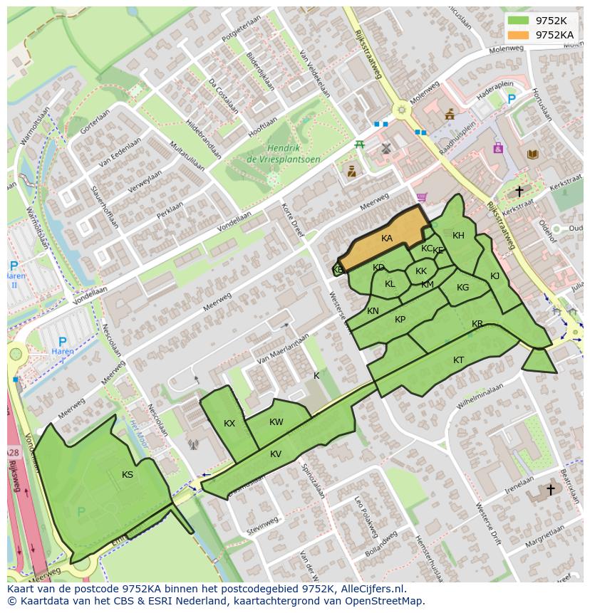 Afbeelding van het postcodegebied 9752 KA op de kaart.