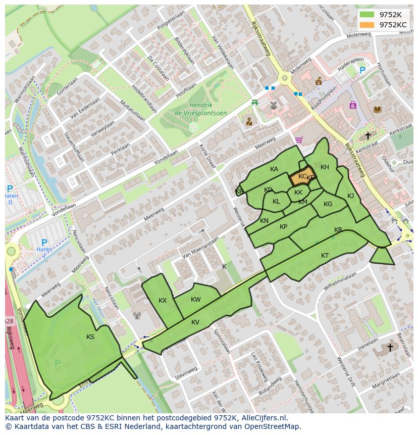 Afbeelding van het postcodegebied 9752 KC op de kaart.