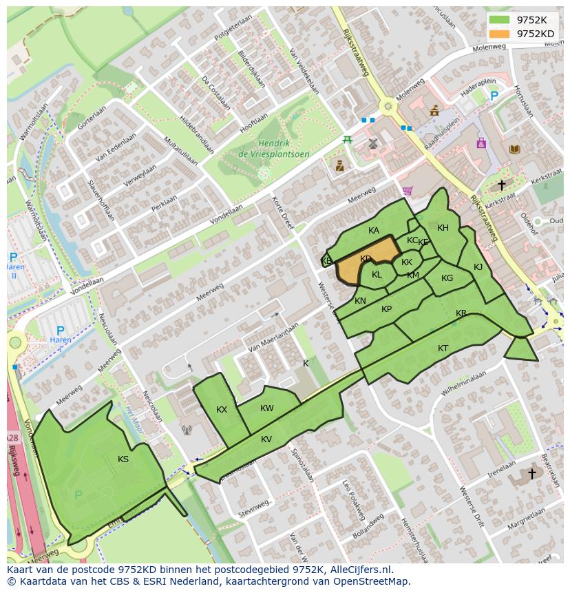Afbeelding van het postcodegebied 9752 KD op de kaart.