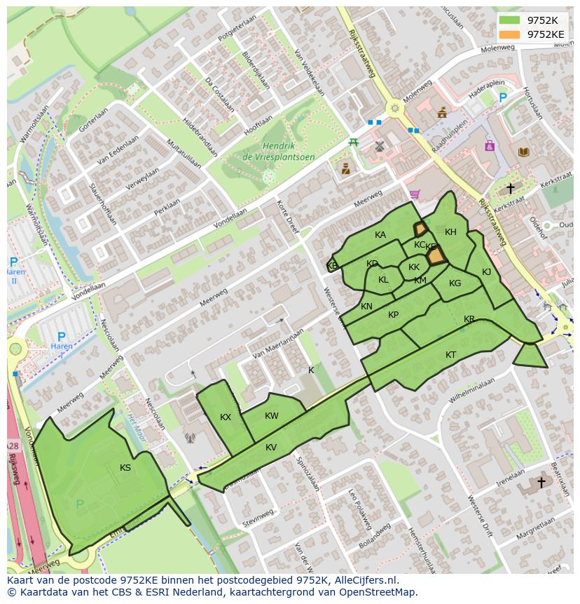 Afbeelding van het postcodegebied 9752 KE op de kaart.