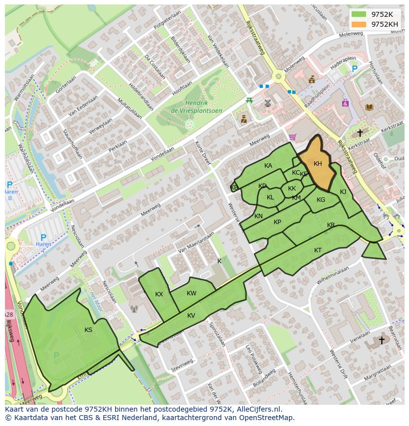 Afbeelding van het postcodegebied 9752 KH op de kaart.