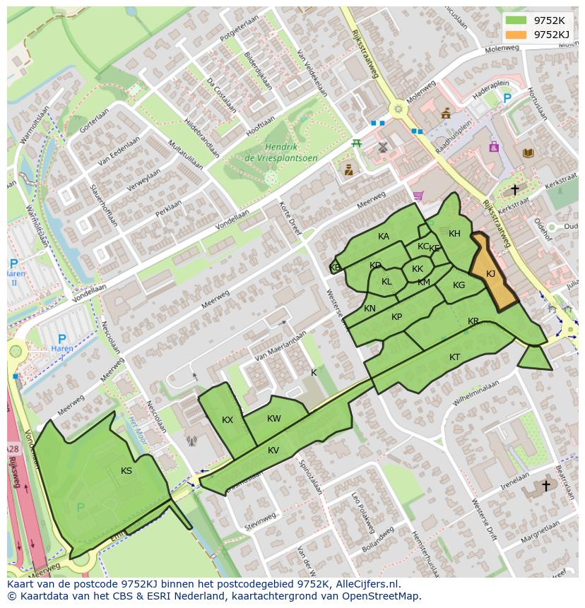 Afbeelding van het postcodegebied 9752 KJ op de kaart.