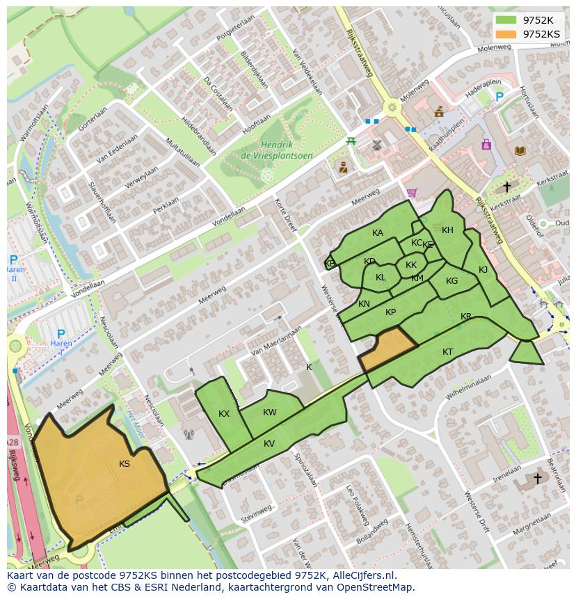 Afbeelding van het postcodegebied 9752 KS op de kaart.