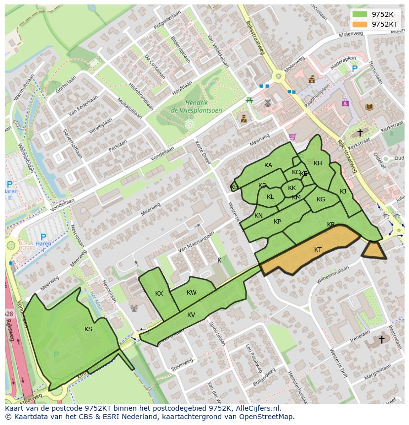 Afbeelding van het postcodegebied 9752 KT op de kaart.