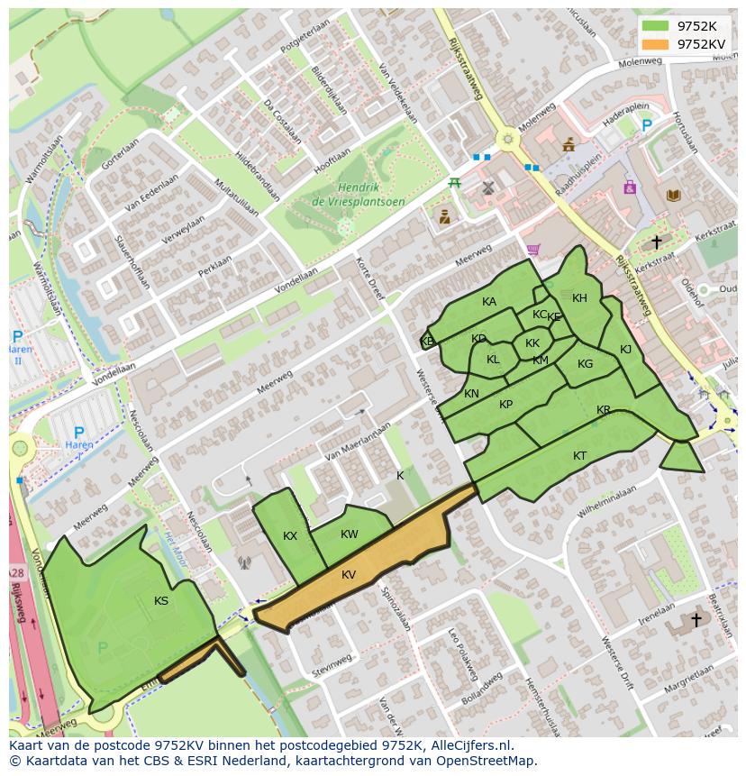Afbeelding van het postcodegebied 9752 KV op de kaart.