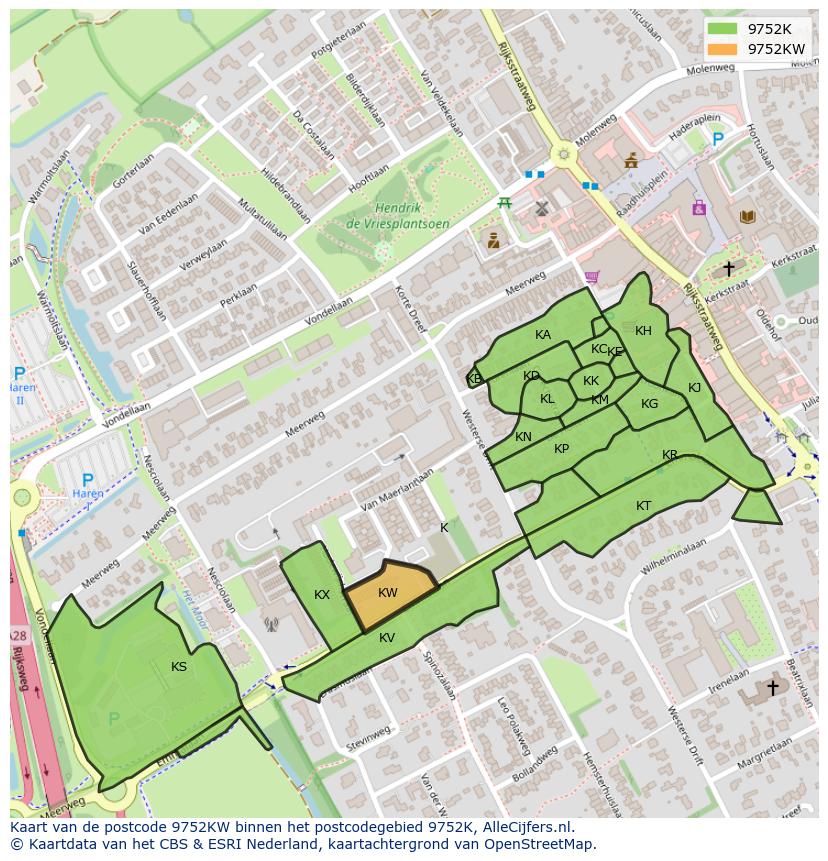 Afbeelding van het postcodegebied 9752 KW op de kaart.