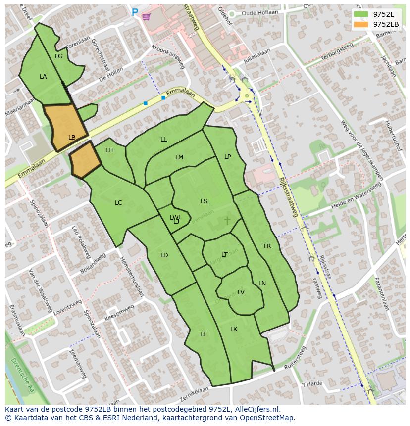 Afbeelding van het postcodegebied 9752 LB op de kaart.