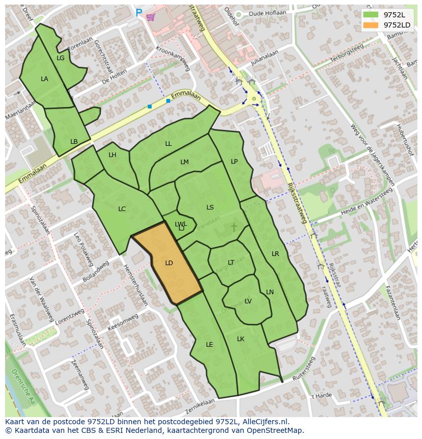 Afbeelding van het postcodegebied 9752 LD op de kaart.