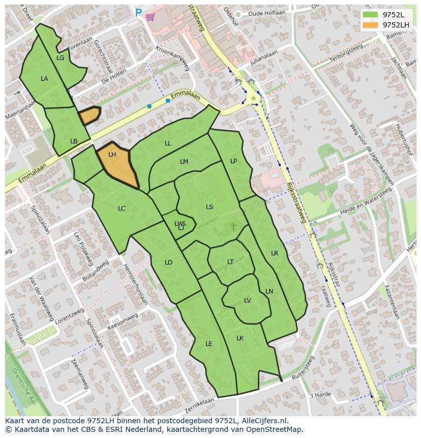 Afbeelding van het postcodegebied 9752 LH op de kaart.