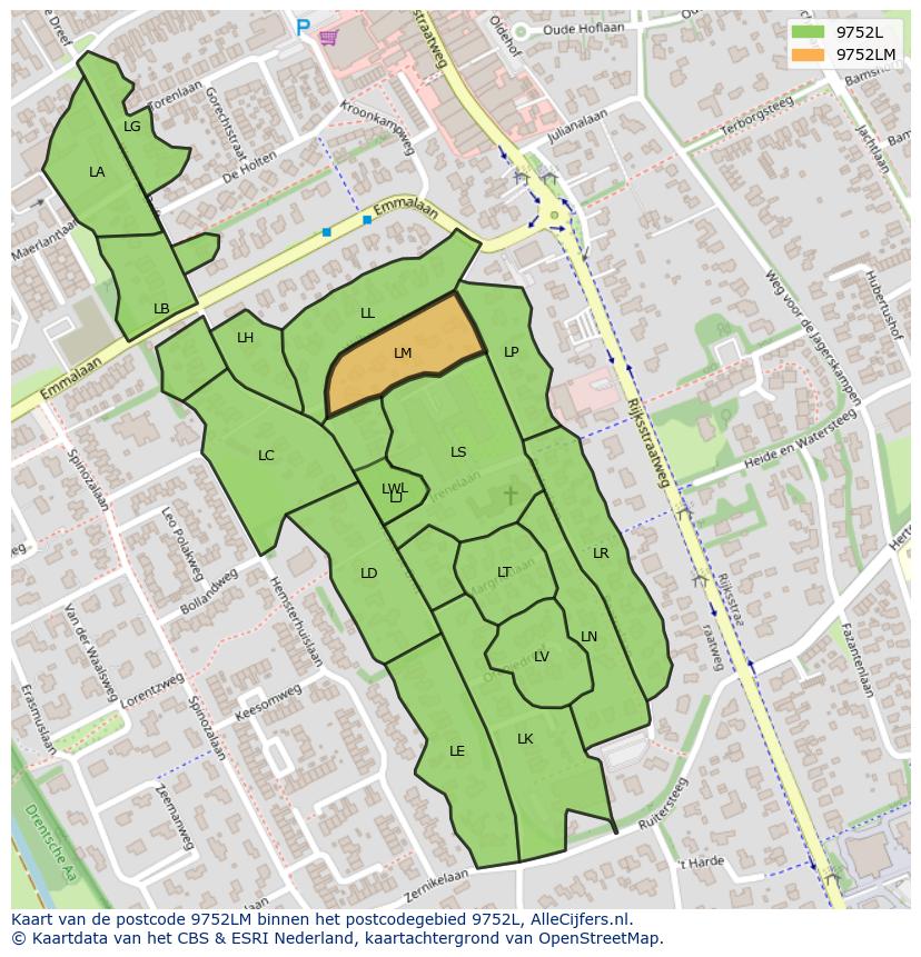 Afbeelding van het postcodegebied 9752 LM op de kaart.
