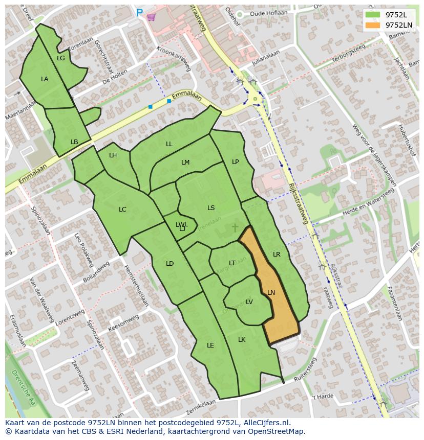 Afbeelding van het postcodegebied 9752 LN op de kaart.