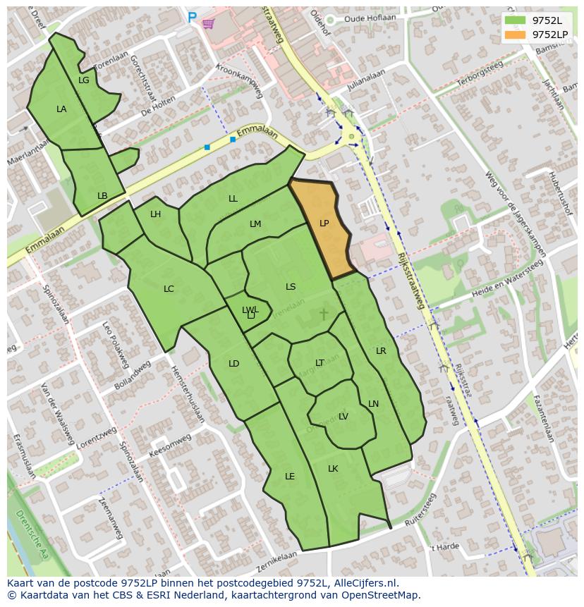 Afbeelding van het postcodegebied 9752 LP op de kaart.