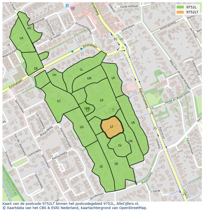 Afbeelding van het postcodegebied 9752 LT op de kaart.