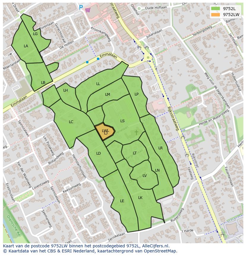 Afbeelding van het postcodegebied 9752 LW op de kaart.