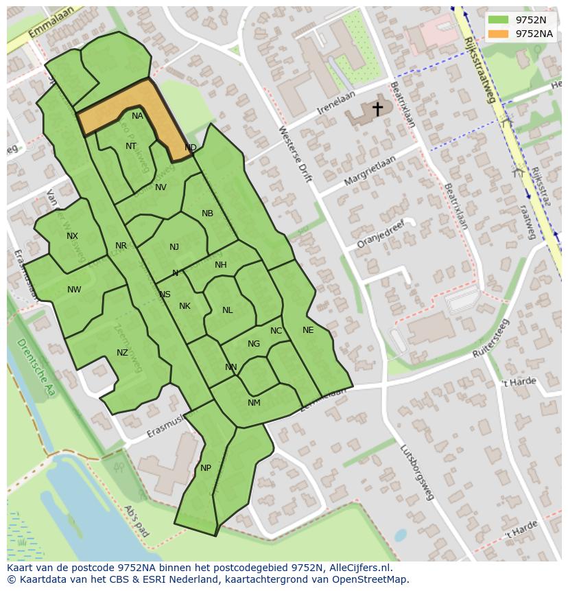 Afbeelding van het postcodegebied 9752 NA op de kaart.