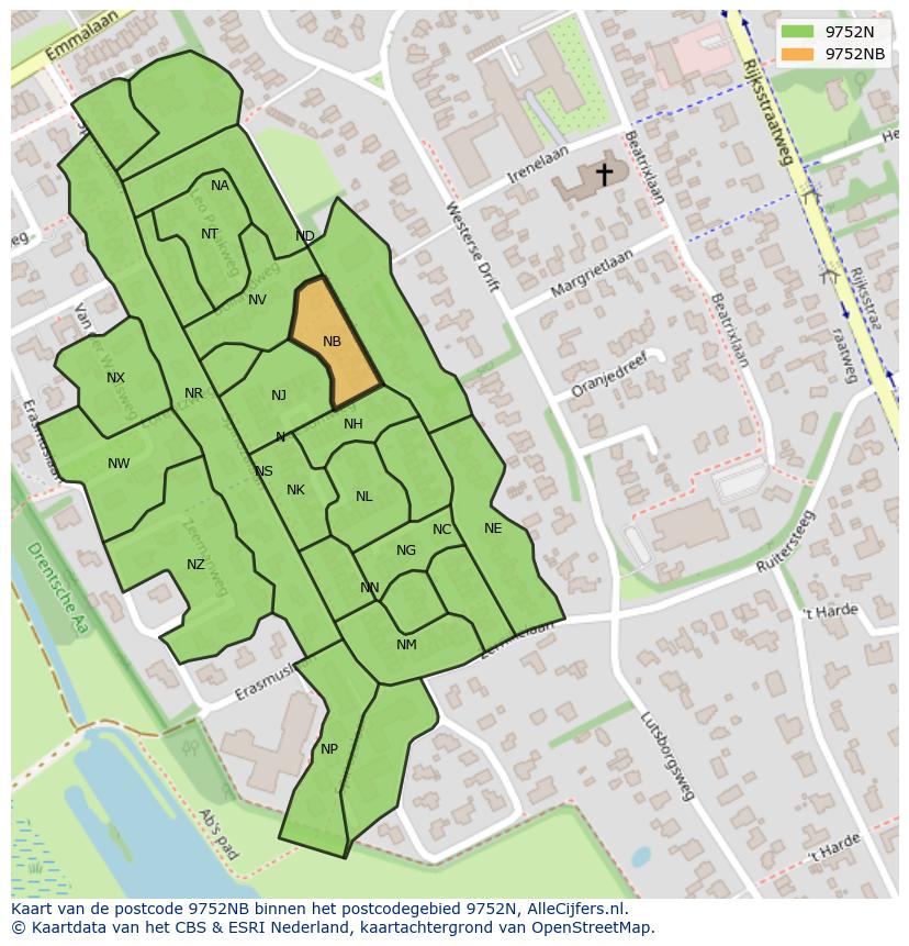Afbeelding van het postcodegebied 9752 NB op de kaart.