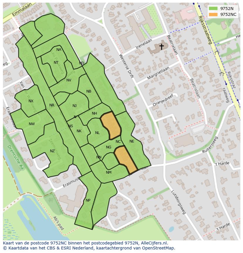 Afbeelding van het postcodegebied 9752 NC op de kaart.