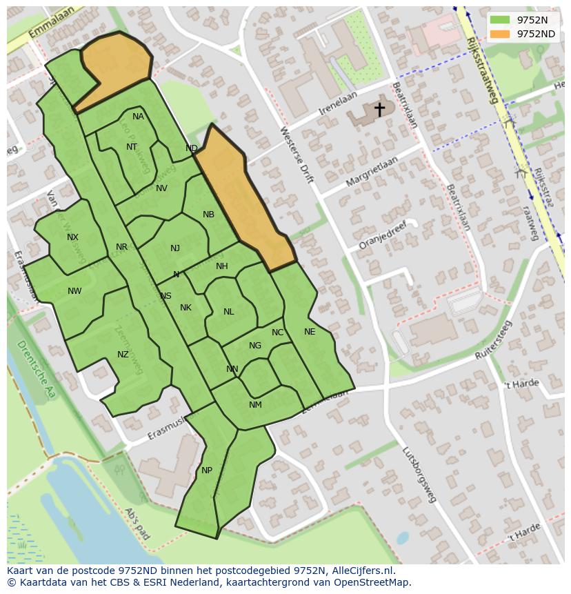 Afbeelding van het postcodegebied 9752 ND op de kaart.