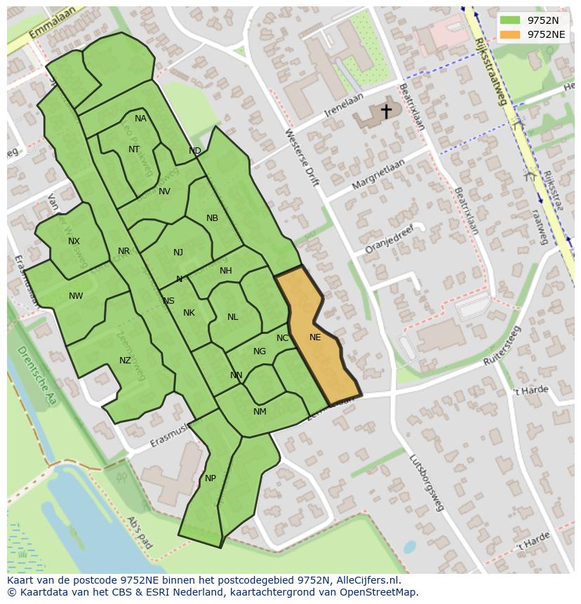 Afbeelding van het postcodegebied 9752 NE op de kaart.