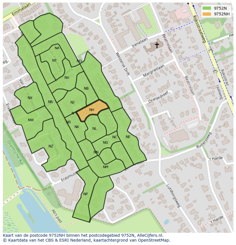 Afbeelding van het postcodegebied 9752 NH op de kaart.