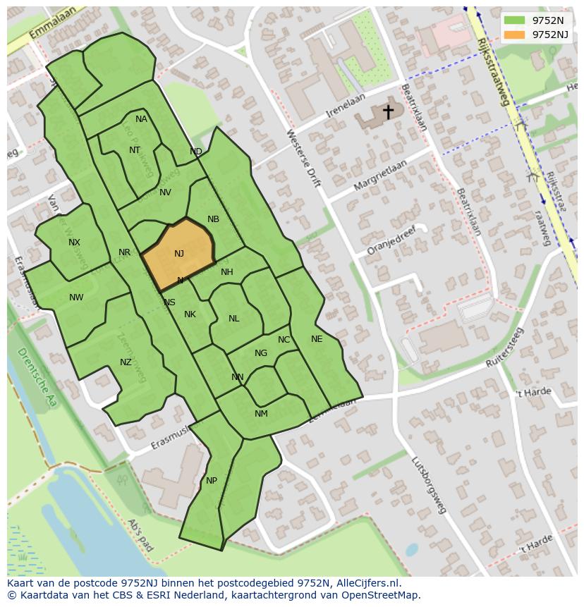 Afbeelding van het postcodegebied 9752 NJ op de kaart.