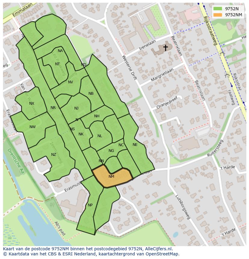 Afbeelding van het postcodegebied 9752 NM op de kaart.