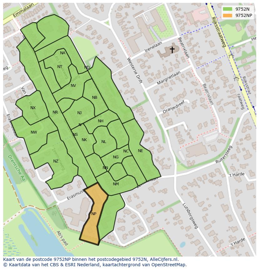 Afbeelding van het postcodegebied 9752 NP op de kaart.