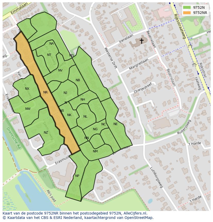 Afbeelding van het postcodegebied 9752 NR op de kaart.