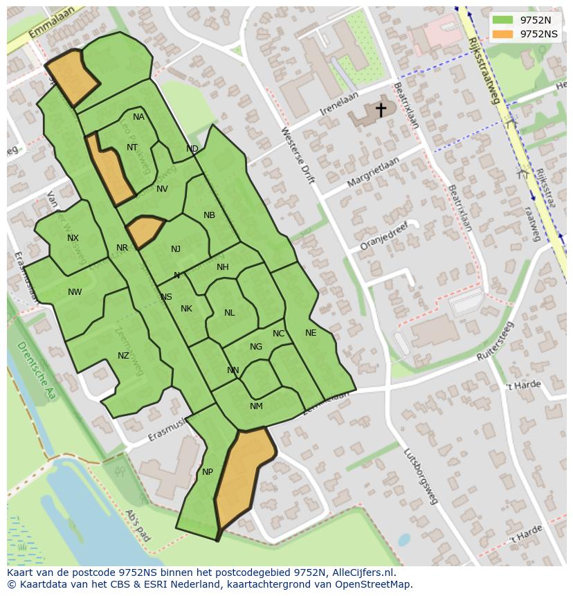 Afbeelding van het postcodegebied 9752 NS op de kaart.