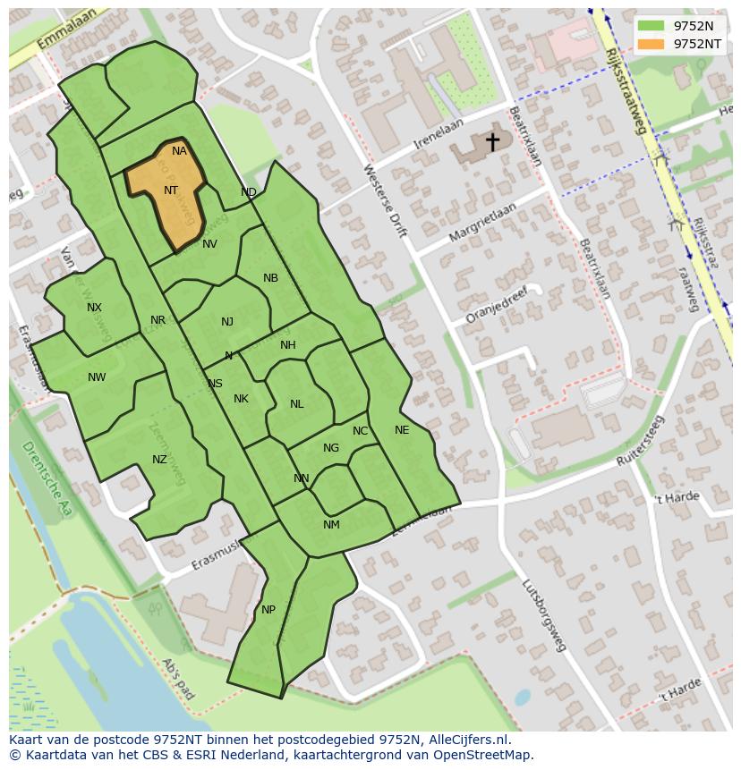 Afbeelding van het postcodegebied 9752 NT op de kaart.