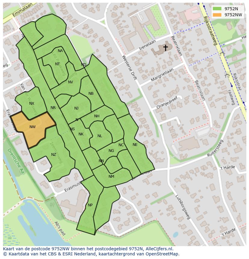 Afbeelding van het postcodegebied 9752 NW op de kaart.