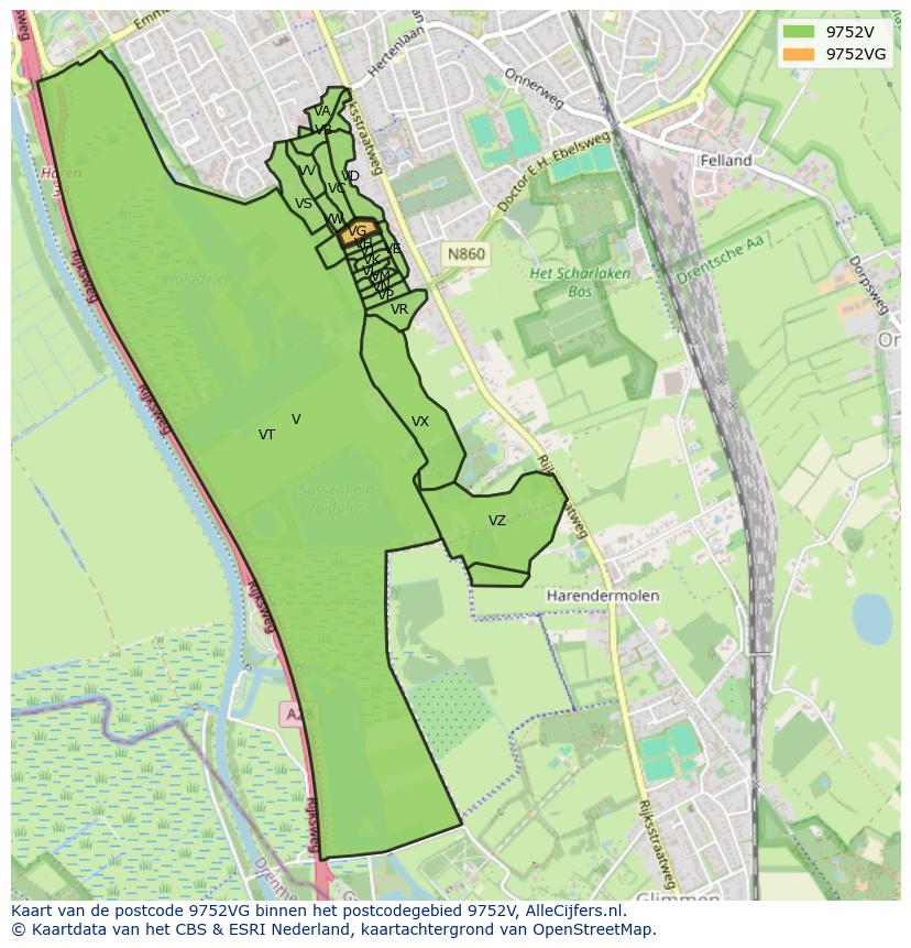 Afbeelding van het postcodegebied 9752 VG op de kaart.