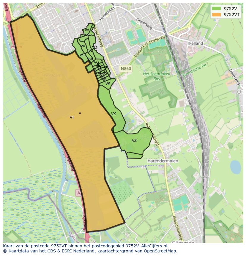Afbeelding van het postcodegebied 9752 VT op de kaart.