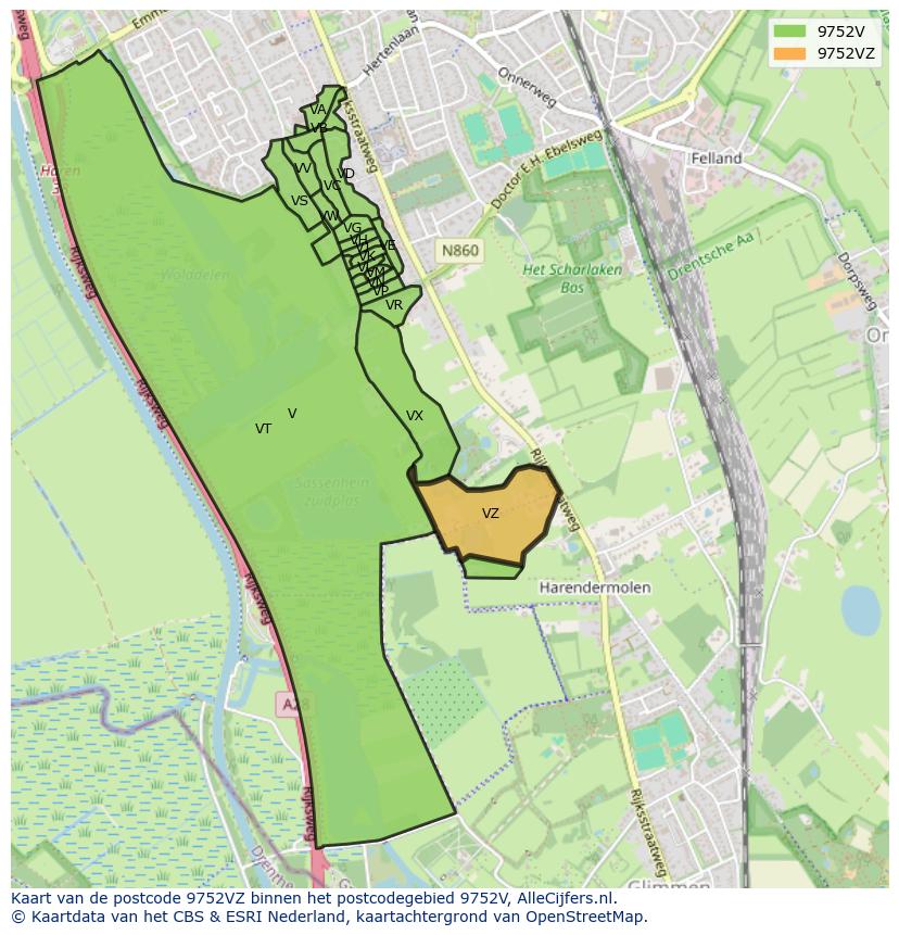 Afbeelding van het postcodegebied 9752 VZ op de kaart.