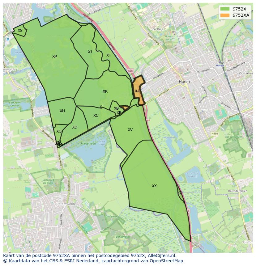 Afbeelding van het postcodegebied 9752 XA op de kaart.