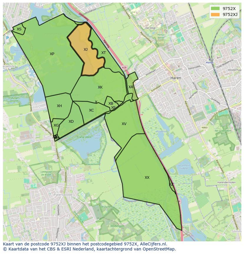 Afbeelding van het postcodegebied 9752 XJ op de kaart.