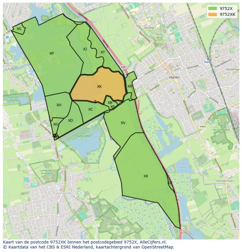 Afbeelding van het postcodegebied 9752 XK op de kaart.