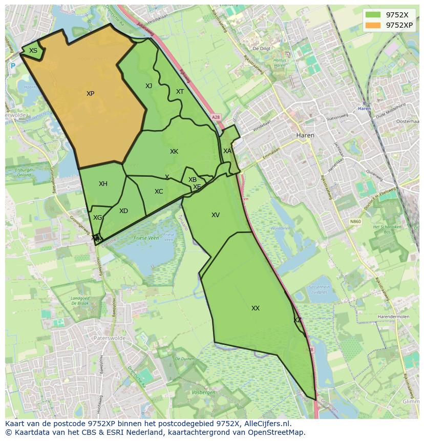 Afbeelding van het postcodegebied 9752 XP op de kaart.