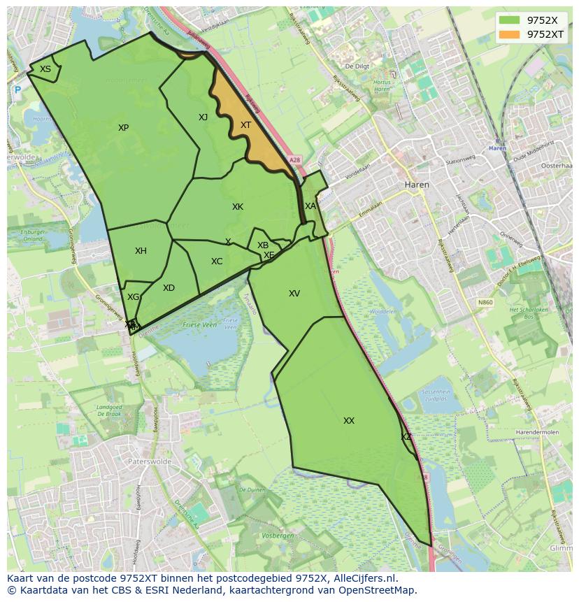 Afbeelding van het postcodegebied 9752 XT op de kaart.