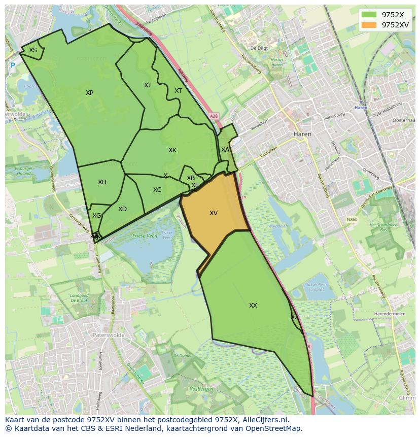 Afbeelding van het postcodegebied 9752 XV op de kaart.