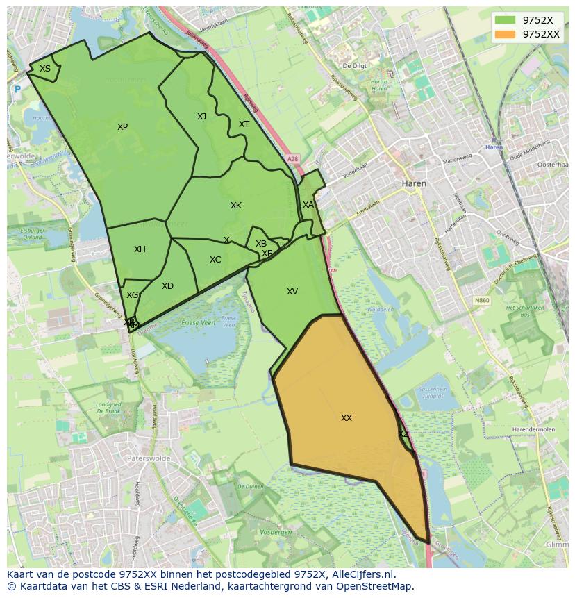 Afbeelding van het postcodegebied 9752 XX op de kaart.